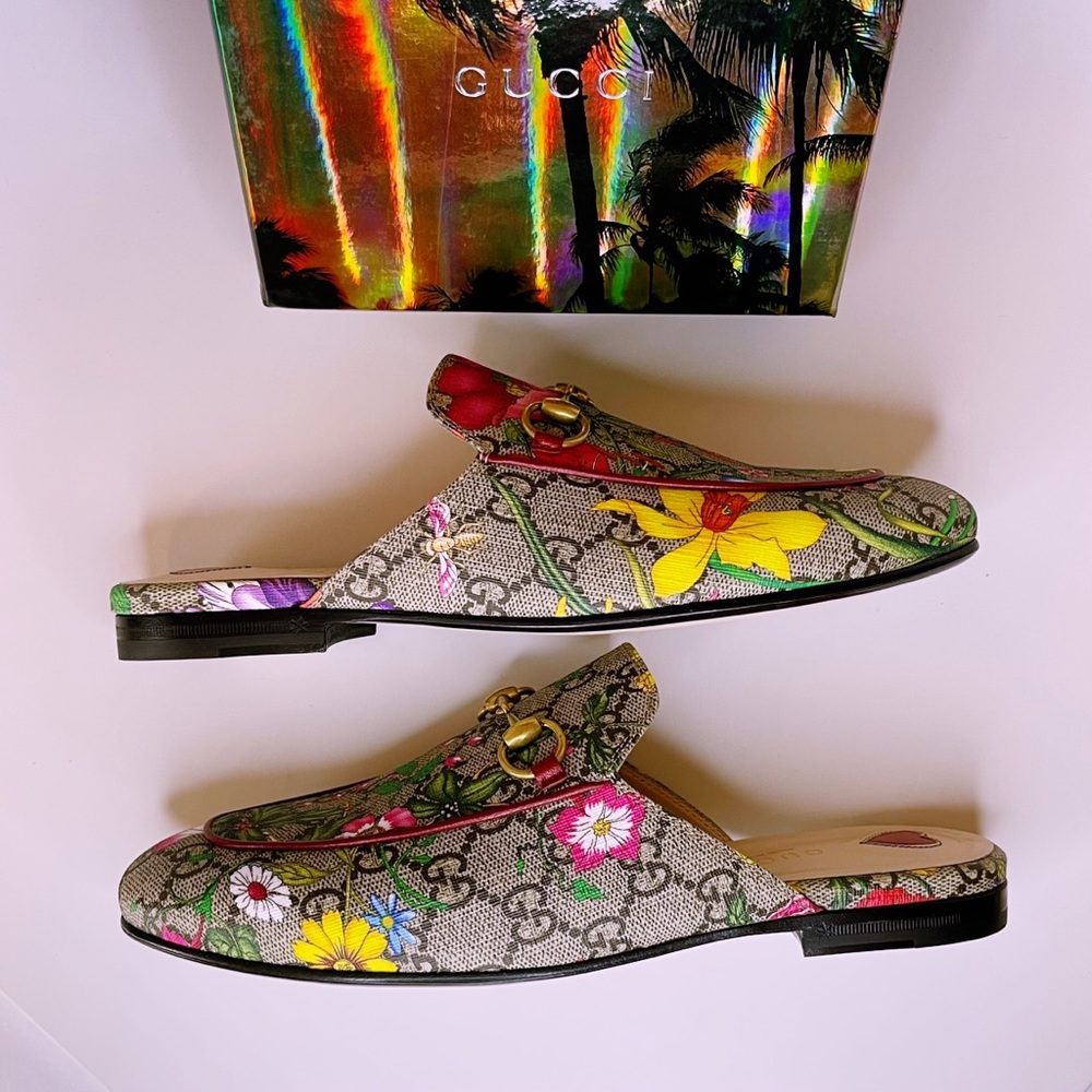 GUCCI Princetown Horsebit GG Supreme Flora Print Slippers Sandals Slip-on Shoes - Picture 5 of 13